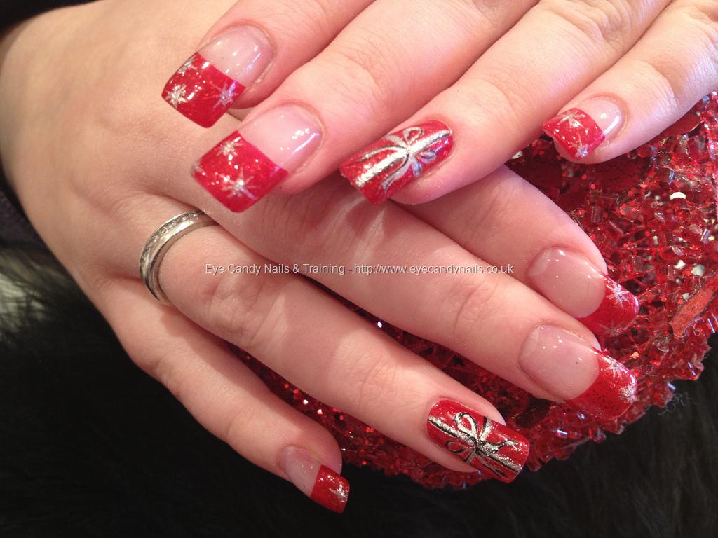 Red gel glitter tips with red parcel Christmas nail art ring finger by 