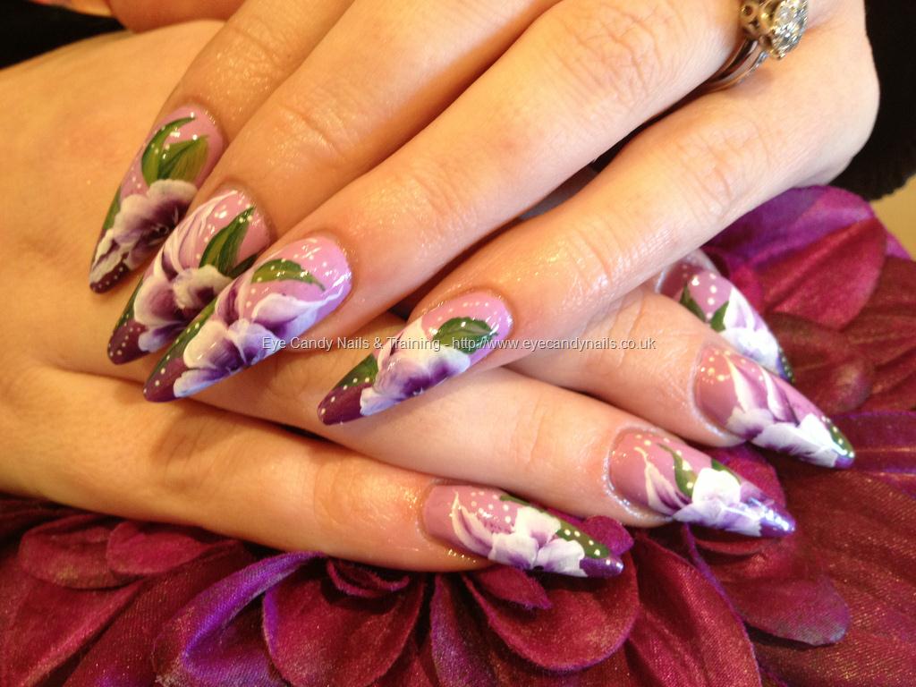 Acrylic stiletto nails with purple one stroke nail art #NailArt #Nails