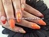 Multi coloured orange polishes with freehand nail art over acrylic nails