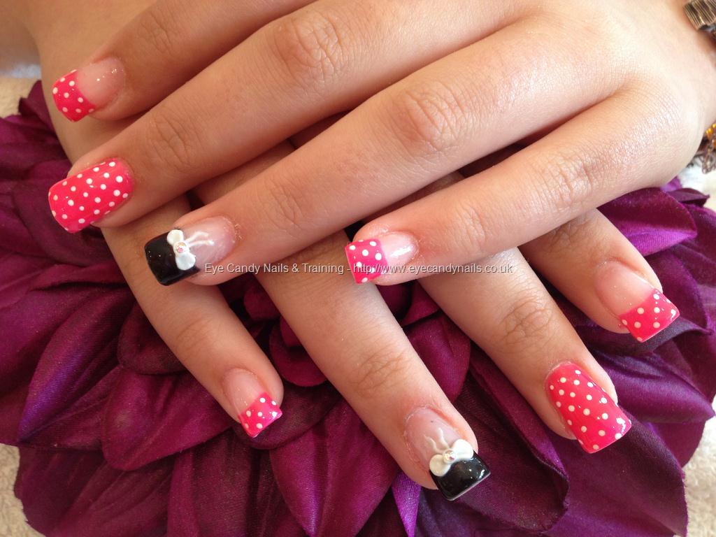 Acrylic nails with pocker dot as nail art and 3D bows on ring finger # ...