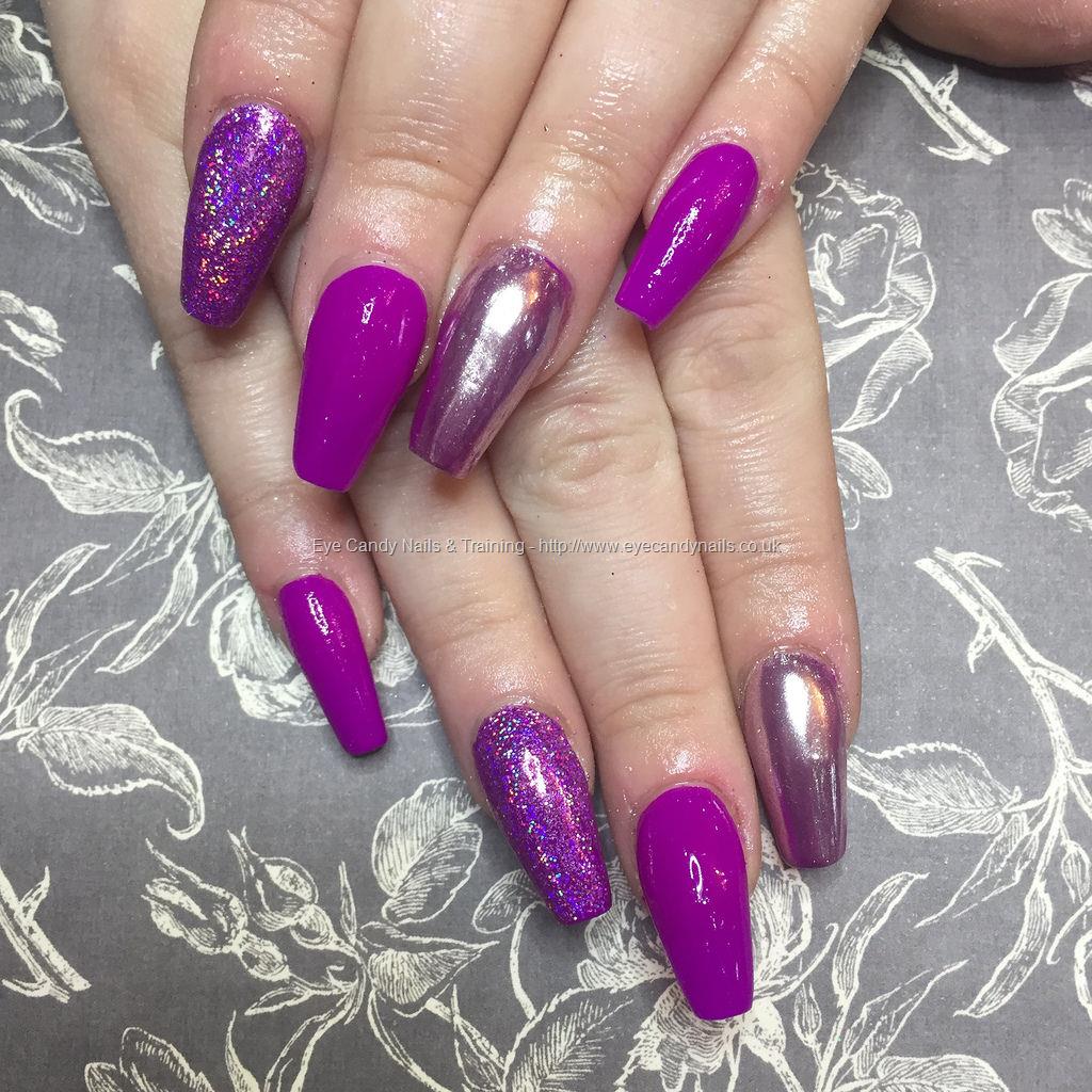 Eye Candy Nails & Training - Tapered acrylics with neon purple gel polish,  chrome and glitter by Amy Mitchell on 23 March 2017 at 07:03
