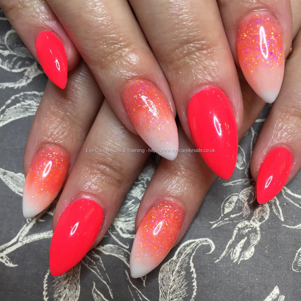 Almond acrylics with red hot crimson and coral and white ombré #NailArt #Na...