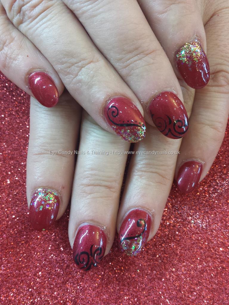 Eye Candy Nails & Training - Red gel polish with gold glitter and black ...