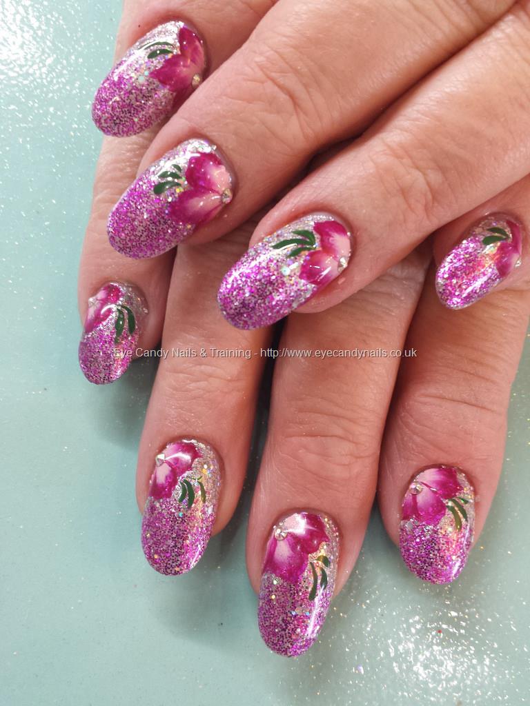 Eye Candy Nails & Training - Pink glitter fade with freehand one stroke ...
