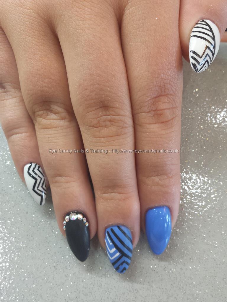 Eye Candy Nails & Training - Blue, matt black and white geometric aztec  nail art by Elaine Moore on 12 April 2014 at 01:51