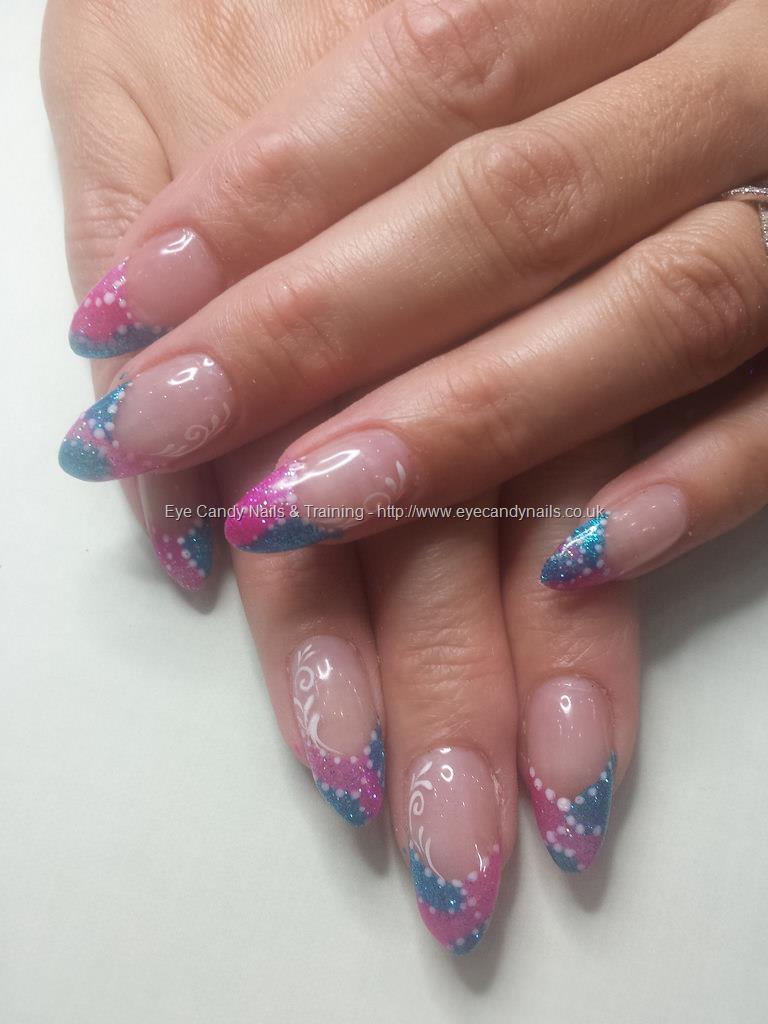 Eye Candy Nails & Training - Pink and blue glitter tips with freehand ...