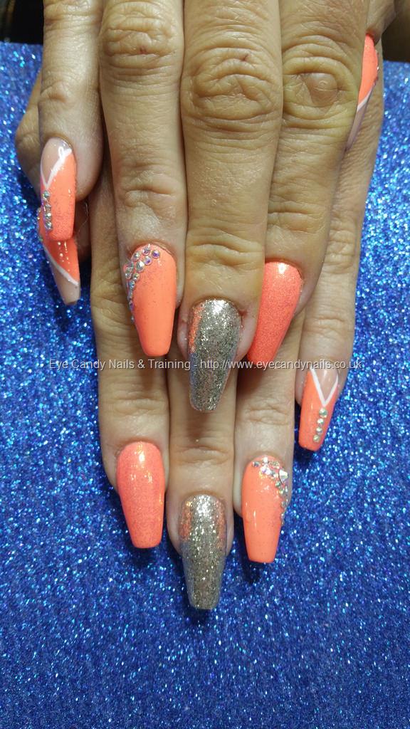Eye Candy Nails & Training - Neon peach gel polish with glitter and  swarovski crystal jail art by Elaine Moore on 10 May 2016 at 07:34