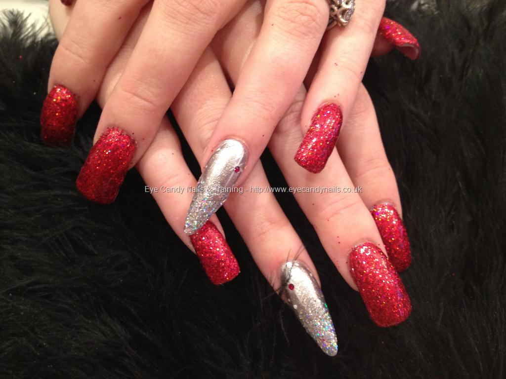 Red nails with glitter deals on ring finger