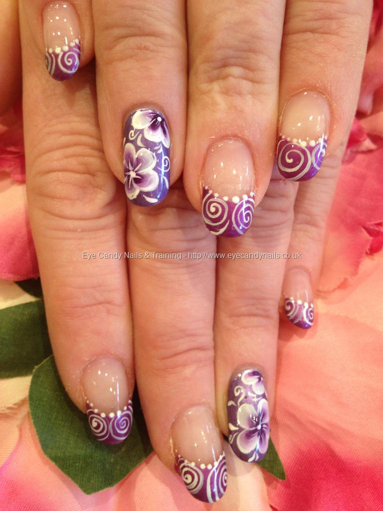 Gel nails with purple one stroke and freehand nail art NailArt Nails