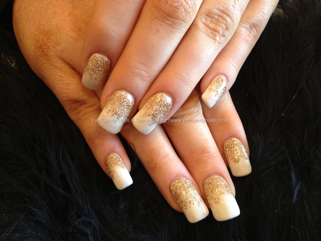 White gelish gel polish with gold glitter gel fade over acrylic nails ...