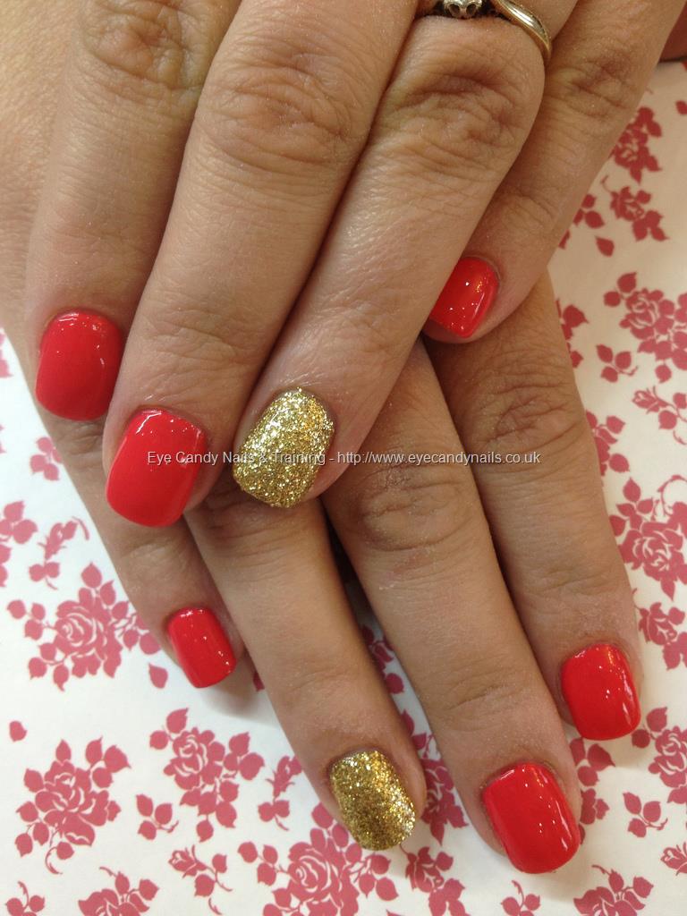 Eye Candy Nails Training Coral polish with gold glitter ring