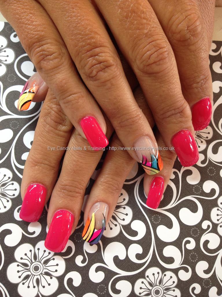 Eye Candy Nails & Training - Bright pink with multi coloured ring ...