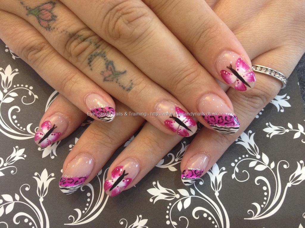 Eye Candy Nails & Training - Acrylic nails with pink butterflies and ...