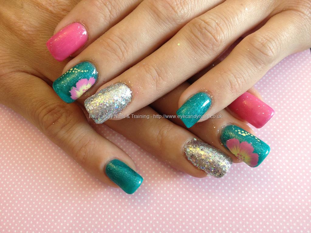 Eye Candy Nails & Training - Acrylic nails with green, pink and silver ...