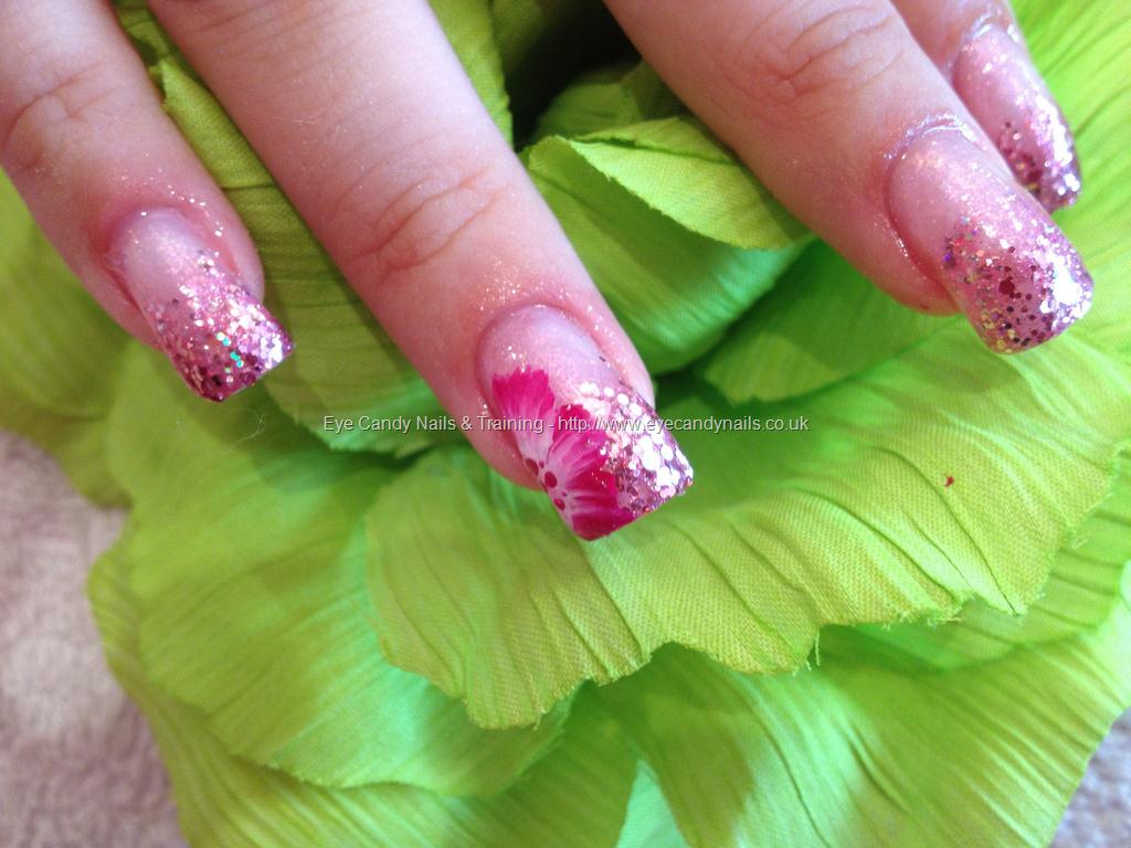 Eye Candy Nails & Training - Pink glitter fade with one stroke nail art ...